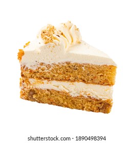 Isolated Slice Of Carrot Sponge Cake Frosted With Cheese Cream On The White Background