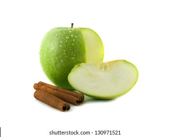 Isolated Sliced Wet Green Apple With Slice And Cinnamon Pods (white Background). Fresh Diet Fruit. Healthy Fruit With Vitamins.