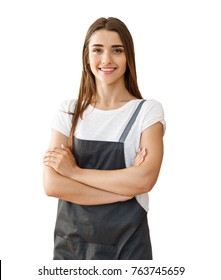 Isolated Small Business Lady Owner Or Barista With Apron On White Background.