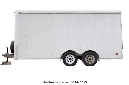 Isolated Small White Four Wheel Utility Trailer With Hitch. Side View.