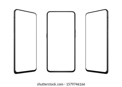 Isolated Smart Phone In Three Positions. Front, Left And Right Side. Isolated Screen For Mockup, App Or Web Site Promotion. Modern Mobile Phone With Thin Edges.