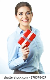 Isolated Smiling Business Woman Hold Gift Box. White Background. Isolated.