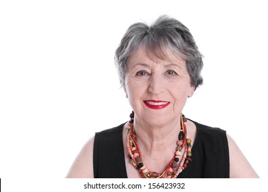 Isolated Smiling Senior Woman With Make Up And Necklace In Summer.