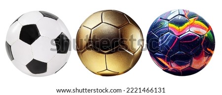 Isolated soccer balls one by one. Different versions - classic, golden, colorful.