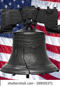 Isolated statue of the authentic Liberty Bell, Philadelphia, PA. The United States flag was digitally added to the background.