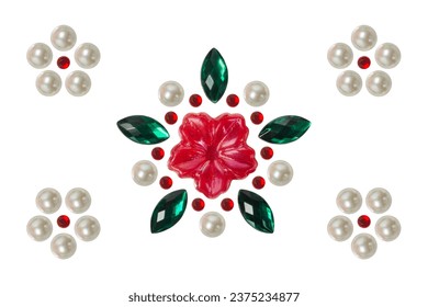 Isolated stickers: flowers, leaves, pearls and rhinestones, greeting card. 
