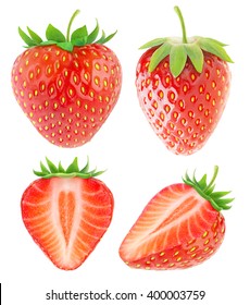 Isolated strawberries. Collection of whole and cut strawberry fruits isolated on white background with clipping path - Shutterstock ID 400003759