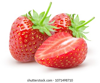 Isolated strawberries. Two whole strawberry fruits and half isolated on white background, with clipping path - Powered by Shutterstock