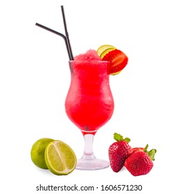 Isolated strawberry Daiquiri decorated with lime and fresh strawberries