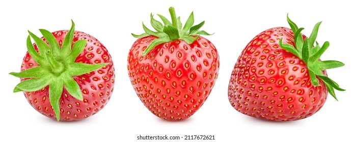 Isolated strawberry with leaf. One whole strawberry fruit on white background with clipping path. As design element. - Shutterstock ID 2117672621