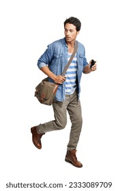 Isolated student man, bag and rush for travel, transport and late for college by transparent png background. Young guy, walking fast and satchel for education, thinking and ideas with anxious face