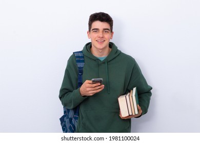 isolated student with mobile phone and backpack with books