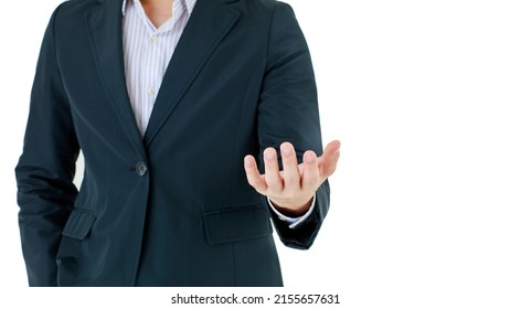 Isolated Studio Close Up Shot Of Hand Of Successful Professional Businessman Wears Black Formal Suit Stand In Front White Background Holding Blank Space For Additional Hologram Texts And Product.