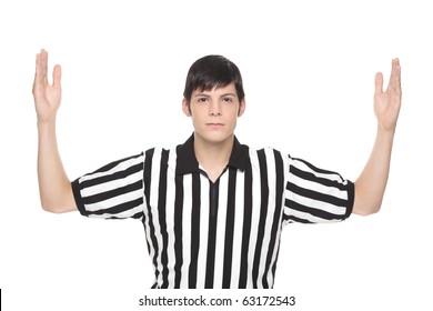 Isolated Studio Shot Of A Caucasian Man Wearing A Referee Shirt And Making A Touchdown Hand Signal.