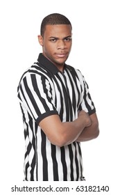 Isolated Studio Shot Of A Young African American Man In A Referee Shirt Looking At The Camera Angrily.