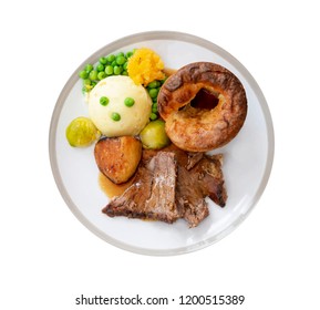 Isolated Sunday Lunch,homemade Roast Beef With Gravy, Mash Potato,roast Potato,peas And Yorkshire Pudding,Traditional British Dinner,Christmas Lunch Ideas For Party With Family Or Friends