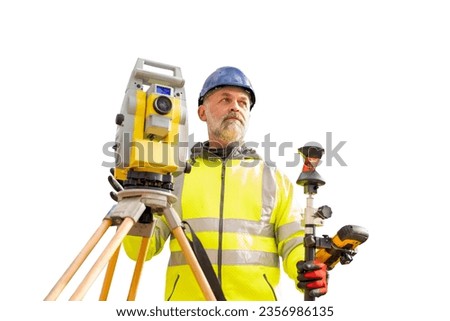 Isolated Surveyor builder site engineer with theodolite total station  on white background