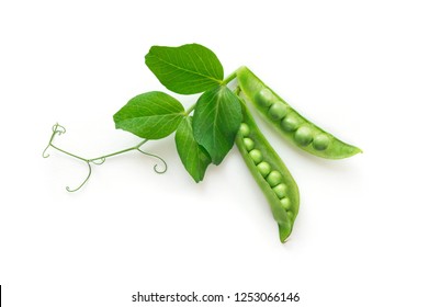 Isolated sweet green peas (beans) with green leaves. Top view. White background. 