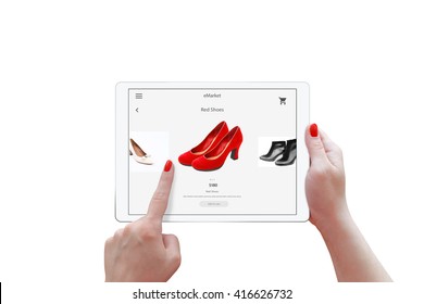 Isolated Tablet And Woman Hands Online Shopping. Holding Device And Choose Red Shoes.