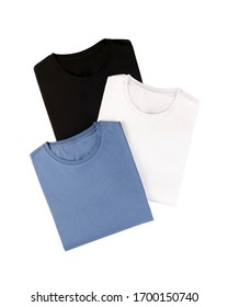 Isolated Three Folded Tshirt Top View Blue White Black 