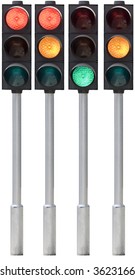 Isolated Traffic Light On Pole In All Combinations. Cut And Use.