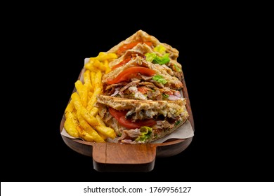 Isolated / Transparent Greek / Arabic Kebab Club Pitta Bread Sandwich Pork / Lamb Melted Cheese Salad Tomatoes Lettuce Onions Fries Chips Seasoning