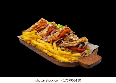 Isolated / Transparent Greek / Arabic Kebab Club Pitta Bread Sandwich Pork / Lamb Melted Cheese Salad Tomatoes Lettuce Onions Fries Chips Seasoning