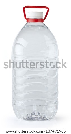 Isolated transparent large plastic bottle with 5 litres of water on the white