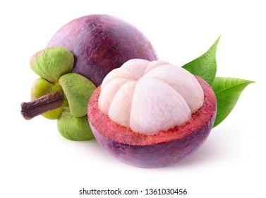 Isolated tropical fruits. One and a half cut mangosteens isolated on white background with clipping path