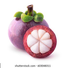 Isolated tropical fruits. One whole mangosteen and another cut in half isolated on white with clipping path