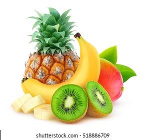 Isolated tropical fruits. Pineapple, banana, kiwi and mango isolated on white background with clipping path