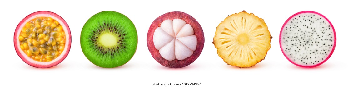 Isolated tropical fruits slices. Fresh exotic fruits cut in half (maracuya, kiwi, mangosteen, pineapple, dragonfruit) in a row isolated on white background with clipping path