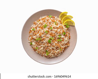 Isolated Turkish rice pilaf with orzo in a plate. Top view. 