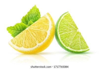 Isolated two citrus fruits slices. Pieces of lemon and lime with mint leaf isolated on white background