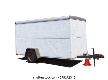 Isolated Two Wheel Utility Trailer With Hitch And Orange Safety Cone. Side And Front View.