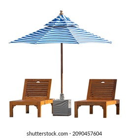 Isolated Two Wooden Chairs Or Beach Chair Or Sun Bed With Big Umbrella On White Background, Front View Image, Small Water Drops On Umbrella.