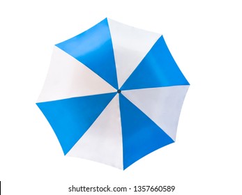 Isolated Umbrella On White Background, Blue And White Unbrella In Top View Isolated On White Background 