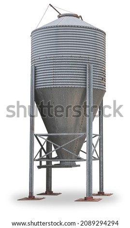 Isolated used grain or grain silo used for livestock farming.