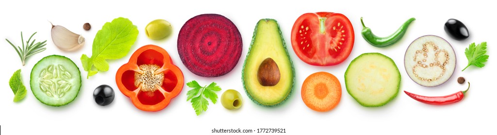 Isolated Vegetable Halves. Raw Cut Vegetables Top View (beetroot, Zucchini, Carrot, Avocado, Bell Pepper, Cucumber, Eggplant, Tomato, Spices And Herbs) Isolated On White Background