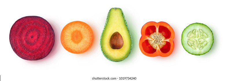 Isolated vegetable pieces. Fresh slices of vegetables (beetroot, carrot, avocado, bell pepper, cucumber) in a row, top view, isolated on white background with clipping path - Shutterstock ID 1019734240