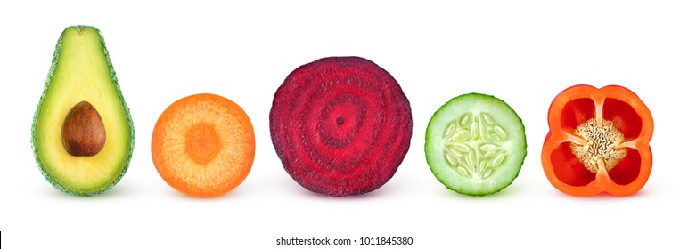 Isolated Vegetable Slices. Fresh Vegetables Cut In Half (avocado, Carrot, Beetroot, Cucumber, Bell Pepper) In A Row Isolated On White Background With Clipping Path