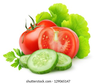 Isolated Vegetables. Fresh Cut Tomato, Cucumber And Lettuce (salad Ingredients) Isolated On White Background