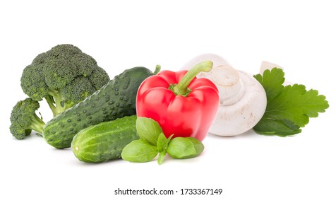 Isolated Vegetables. Sweet Bell Pepper, Broccoli, Cucmber And Champignon  Isolated On White Background.