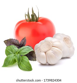 Isolated Vegetables. Tomato, Garlic Isolated On White Background