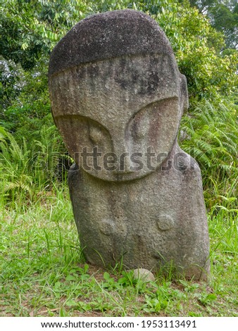 Isolated view of mysterious ancient megalith know as Tinoe in Lore Lindu National Park, Bada or Napu valley, Central Sulawesi, Indonesia