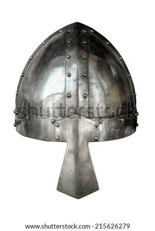 Isolated Viking Style Medieval Suite Of Armour Helmet With Nose Protector On White Background