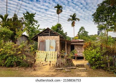 Isolated Vintage Bamboo Home At Remote Village At Morning