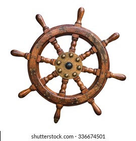 Isolated Vintage Wooden And Brass Ship's Steering Wheel With White Background - Shutterstock ID 336674501