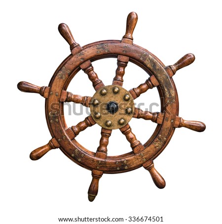 Isolated Vintage Wooden And Brass Ship's Steering Wheel With White Background