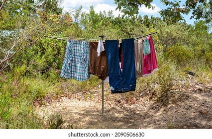 A Isolated Washing Line With Clothes 